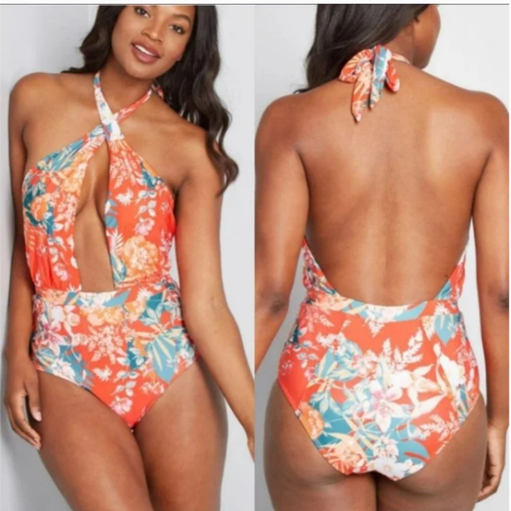 ModCloth Orange White Floral Bethany One-piece Swimsuit Sz S